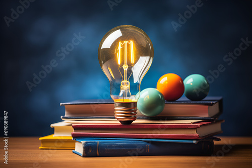Glowing light bulb, brightly colored books arranged in stacks on both sides, eureka moment, epiphany, learning and knowledge, dynamic contrast. Generative AI photo