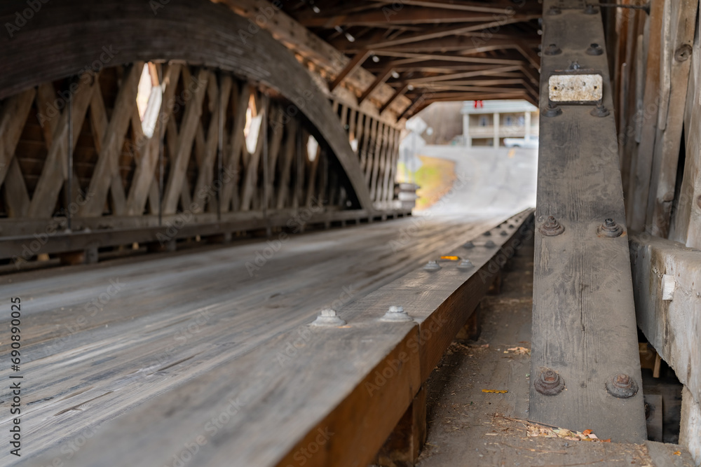 Obraz premium Interior image of historic timber one lane covered bridge in the Town of Newfield, Tompkins County NY. 