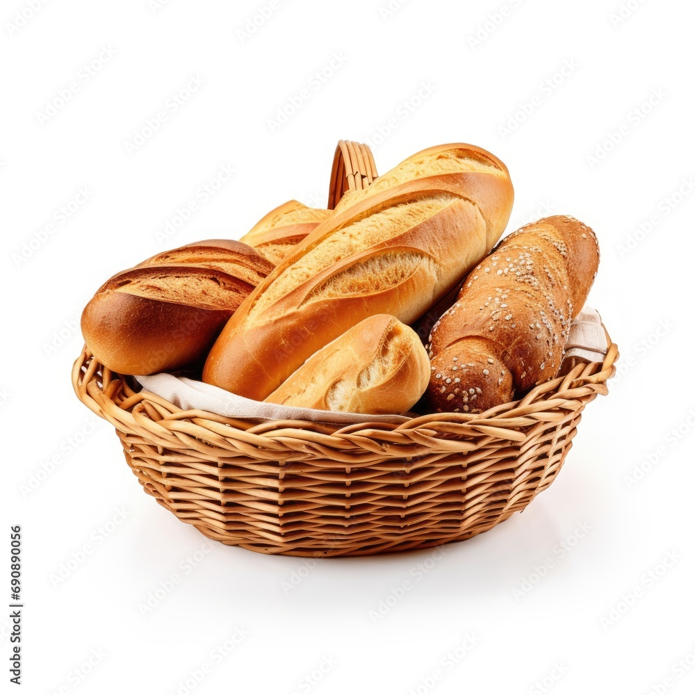 Assorted Freshly Baked Bread Loaves in a Wicker Basket Isolated on White