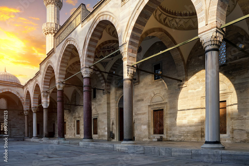 Courtyard of the Sulaymaniyah Mosque at sunrise. photo