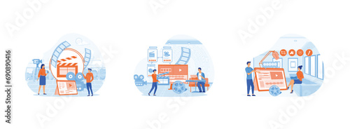 Tiny people footage editing and making multimedia content production, Professional video editor and motion designer, content production in laptop app. Video editor set flat vector modern illustration