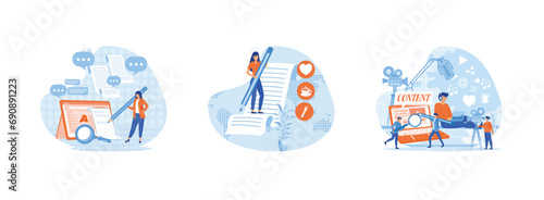 Content writer.  smart woman  holding big pencil thinking and writing content on notepad paper. Creating Content. Content writer set flat vector modern illustration 