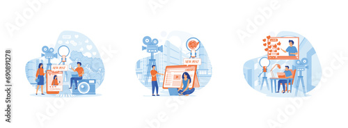 Blogger creating photo and video content Blogger, video shooting.Man video blogger with copy space. Blogger set flat vector modern illustration 