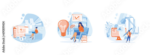 Content writer. Content Writer or Journalist.Smart woman using pencil to create online blog image. Content writer set flat vector modern illustration 
