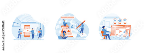 Video marketing online.Promotion in social network concept. Video marketing by creation film production and online content. Content Marketing set flat vector modern illustration