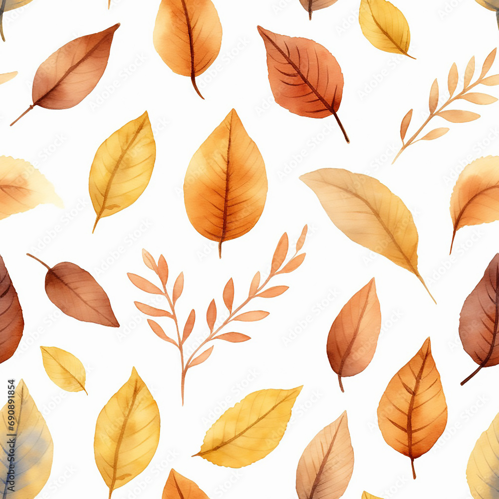 autumn nature seamless pattern seasonal design watercolor illustration foliage plant yellow red backgrou