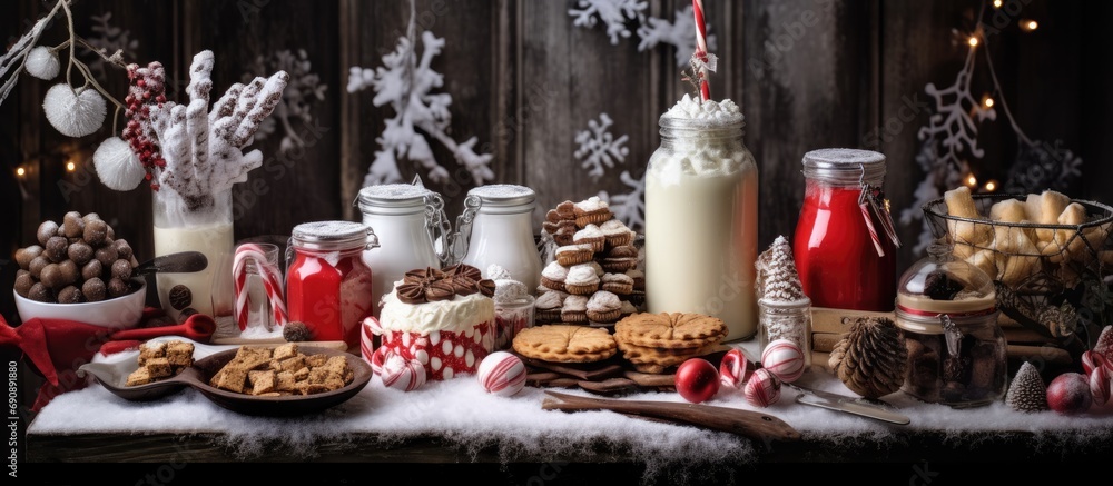 cozy background of a winter wonderland, a festive Christmas table adorned with white and red decorations, laden with delectable food and sweet treats awaits. The aromatic breakfast spread features