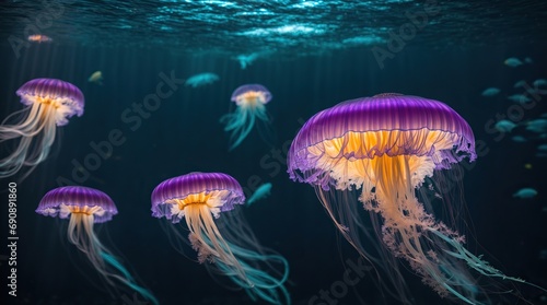 Experience the ethereal beauty of a bioluminescent jellyfish as it glows in the depths of a dark underwater world