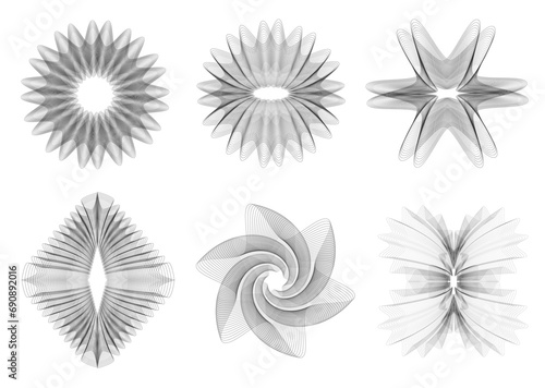 Abstract elements collection spirograph pattern, watermark, guilloche curves, intricacy line. Vector design element set for cheque, voucher, certificate, diploma, gift certificate, 