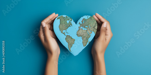 A green heart shaped earth hold in hand, Hands holding a heart shaped world map with a world map on it, Woman's hands holding a globe on a gray background. Earth and Ozone day, generative AI

