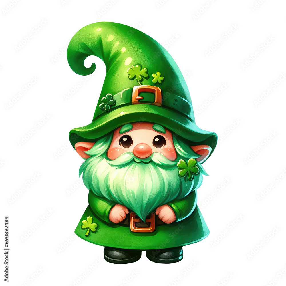 Obraz premium Bright green gnome celebrating St. Patrick's Day, cartoonish with an oversized hat over one eye, clutching a sunflower, PNG transparent background