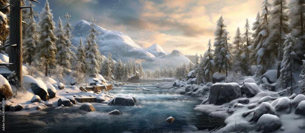 desolated winter landscape of Norway, the majestic mountains and towering trees of the forest create a breathtaking backdrop for the cascading waterfalls and glistening rivers, beautifully blending