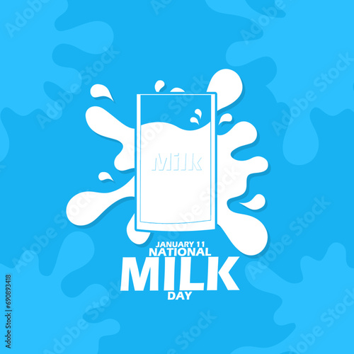 National Milk Day event banner. A glass of milk with a splash on the back, with bold text on light blue background to celebrate on January 11th photo