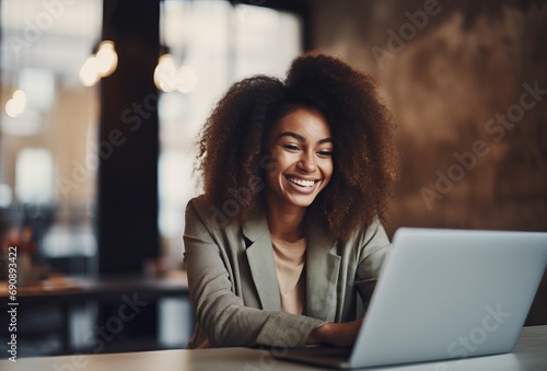 Happy woman smiling laptop online work. Internet online lady desk casual. Generate Ai photo
