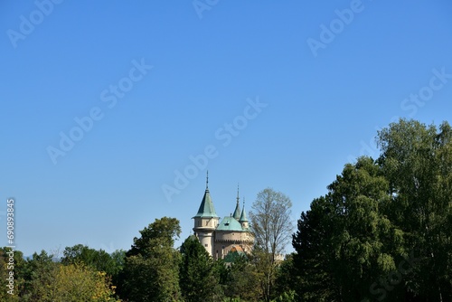 View from behind the trees of the old castle Bojnice Slovakia
