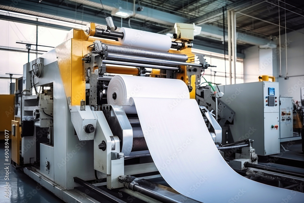 Naklejka premium Factory for the production of paper and cardboard. Production equipment for paper production. Big machine. The machine makes paper.