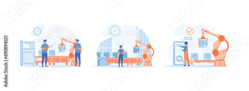 Smart industry.  works robotic arm. Engineer working with interactive interface. Smart industry set flat vector modern illustration 