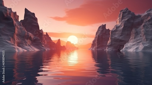 Futuristic landscape with cliffs and water. abstract background. Wallpaper with sunset or sunrise light