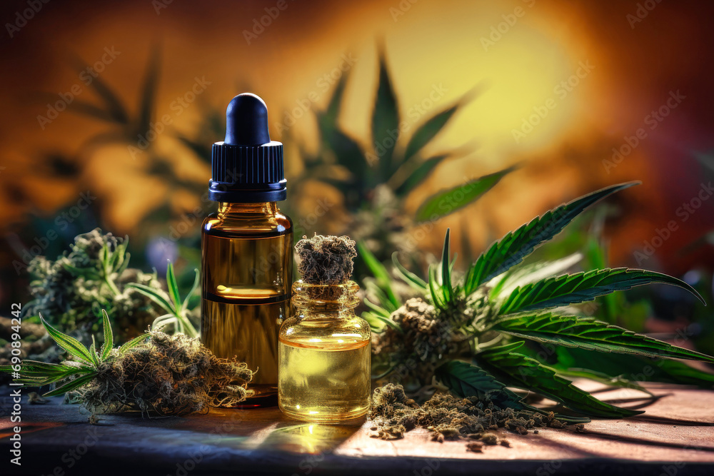 Green leaves of medicinal cannabis with oil extract. Medical marijuana flower buds. medical marijuana concept. Essential oils from cannabis. Green leaves of medicinal cannabis with oil extract. Medical marijuana flower buds. medical marijuana concept. Essential oils from cannabis.