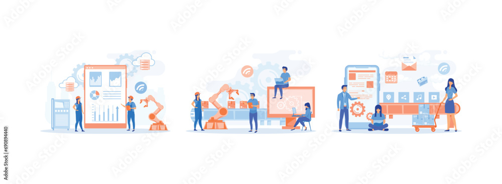 Smart Factory.Smart industry. Connecting, loading a smart phone and sharing media data with a system. Smart industry set flat vector modern illustration