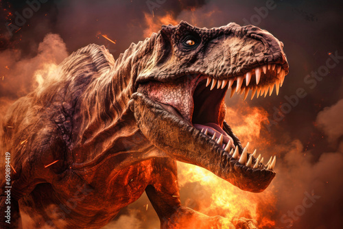 Tyrannosaurus T-rex  dinosaur on smoke and fire background. Global catastrophe. A dinosaur escapes from the flames.