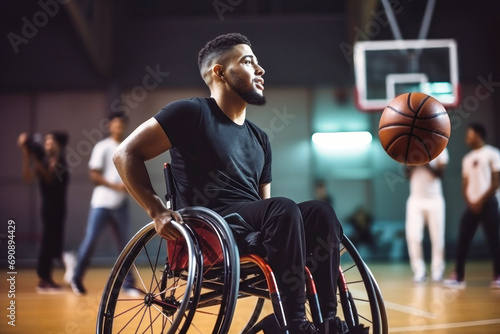A disabled man in a wheelchair throws a basketball into a basket. Sports for people with disabilities. Active lifestyle. © Anoo