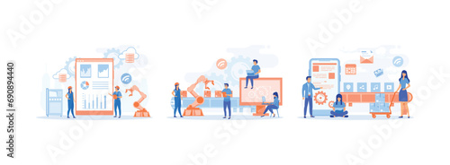 Smart Factory.Smart industry. Connecting, loading a smart phone and sharing media data with a system. Smart industry set flat vector modern illustration