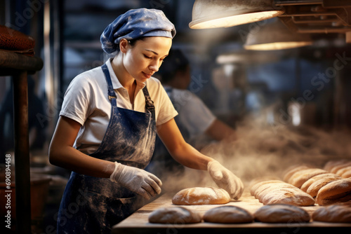Photo of a woman working in a bakery  capturing the artistry and skill behind the creation of delicious baked goods