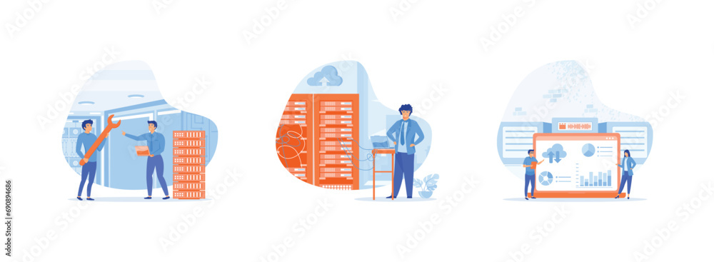Data center. Technician works in server room racks. Business technology cloud computing service. Data center set flat vector modern illustration 