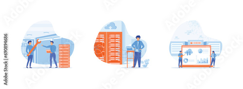 Data center. Technician works in server room racks. Business technology cloud computing service. Data center set flat vector modern illustration 