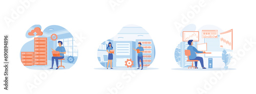 Data center. Data network management. Hosting Server Computer Monitoring Information Database. Data center set flat vector modern illustration 