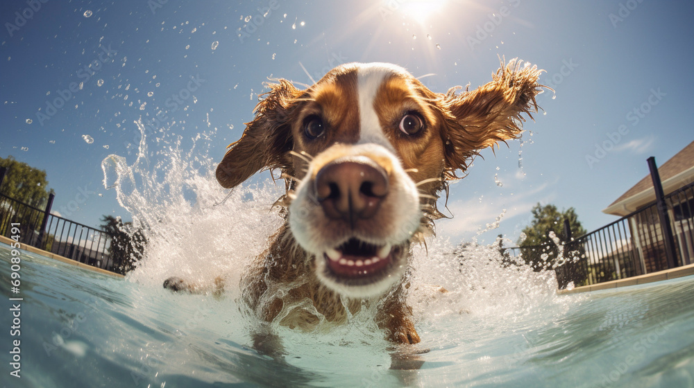Drenched Dynamism: Joyful Dog's Poolside Splash, generative ai