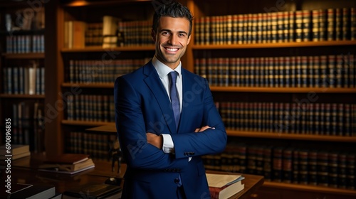 smart attorney smiling standing in office room, Generative Ai