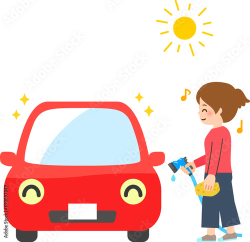 洗車をする女性ときれいになった自家用車