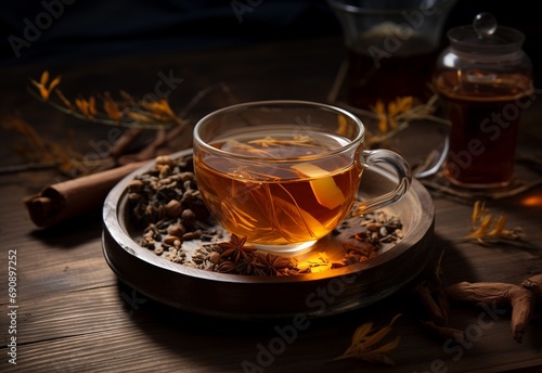 Tea in wooden tea cup and dried tea leaves on glass table.