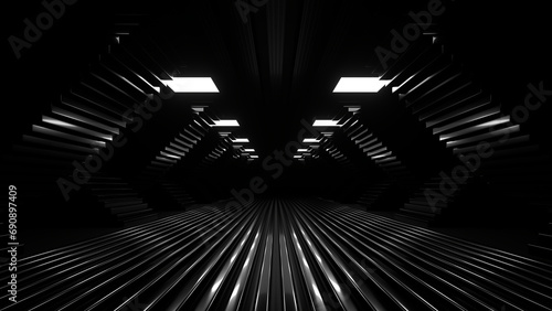 Fototapeta Naklejka Na Ścianę i Meble -  Sci Fi neon glowing lines in a dark tunnel. Reflections on the floor and ceiling. Empty background in the center. 3d rendering image. Abstract glowing lines. Technology futuristic background.