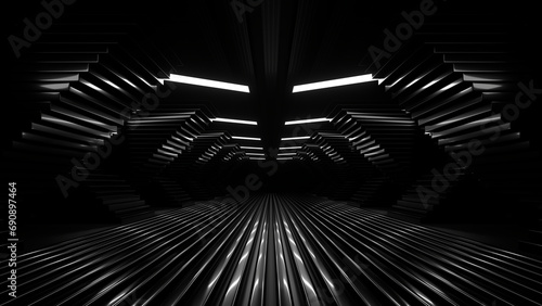 Obraz na płótnie Sci Fi neon glowing lines in a dark tunnel. Reflections on the floor and ceiling. Empty background in the center. 3d rendering image. Abstract glowing lines. Technology futuristic background. w salonie