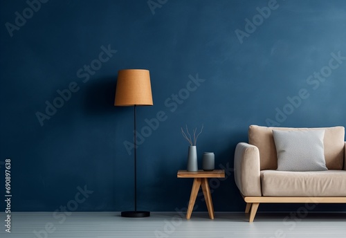Dark blue wall background of modern living room with beige color single sofa, table, and a lamp. Modern home interior design of modern room.