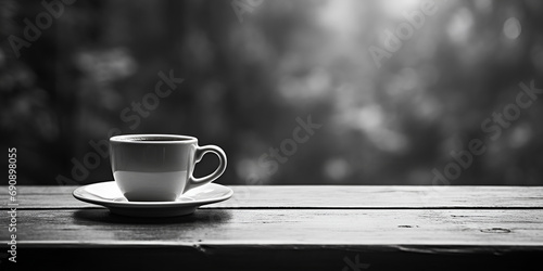 Hot coffee was brewed at a terrace, black and white color, morning coffee cup , breakfast concept cheerfulness happiness drink in a cup generative AI