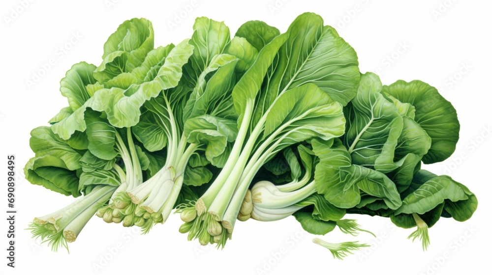 A fresh cut of bok choy, its stalks and leaves creating a harmonious green symphony on white. - obrazy, fototapety, plakaty 