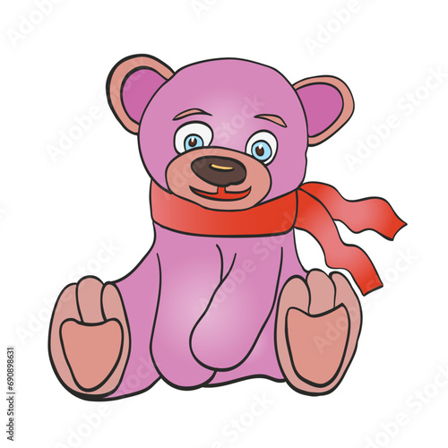 Cute pink teddy bear toy isolated on white background. Vector illustration.
