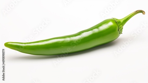 A fresh serrano pepper, its vibrant green hue and sleek form highlighted against a white scene.