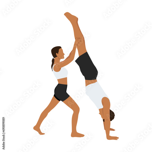 Young couple helping each other to practicing yoga. Woman helps a man doing handstand yoga exercise. Flat vector illustration isolated on white background © lioputra
