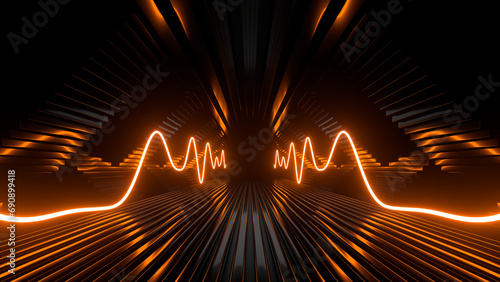 Sci Fi neon glowing lines in a dark tunnel. Reflections on the floor and ceiling. Empty background in the center. 3d rendering image. Abstract glowing lines. Technology futuristic background.