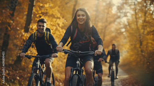 Young couple riding bicycles in autumn forest. Sport and healthy lifestyle.