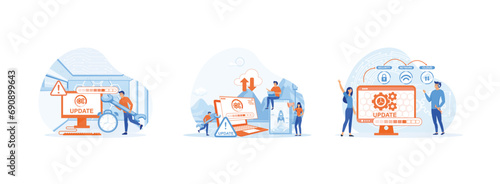 Tiny programmers upgrading operating system, System updates withng operation in computing and installation programs, The application and web development. System Update 1 