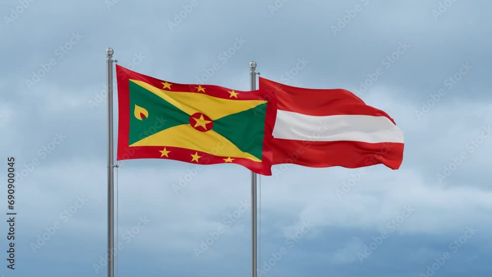 Austria flag and Grenada flag waving together on cloudy sky, endless seamless loop, two country relations concept Austria flag and Grenada flag waving together on cloudy sky, endless seamless loop, two country relations concept