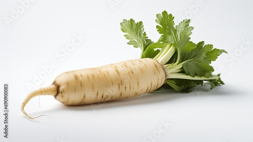 A freshly harvested parsnip, its creamy texture and unique shape contrasted against a stark white backdrop.