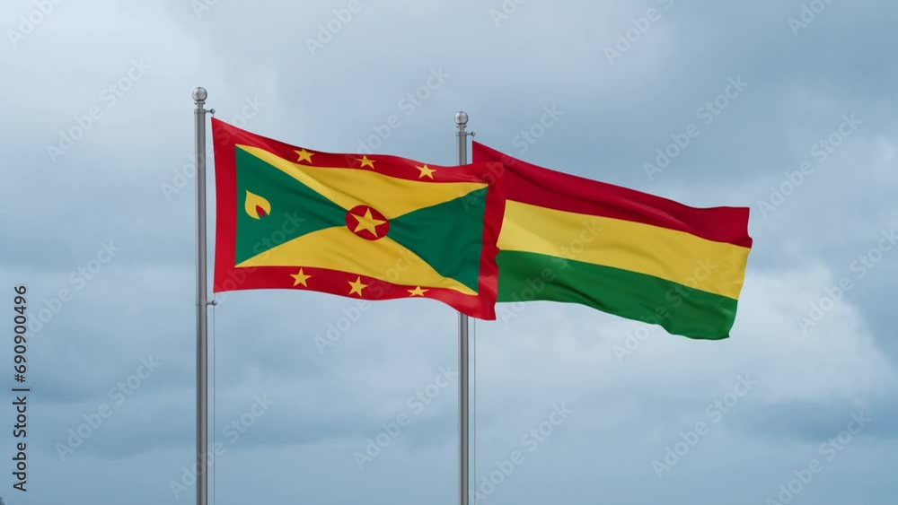 Bolivia flag and Grenada flag waving together on cloudy sky, endless seamless loop, two country relations concept Bolivia flag and Grenada flag waving together on cloudy sky, endless seamless loop, two country relations concept