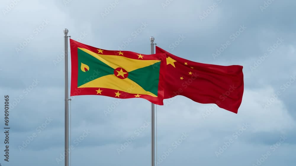 China flag and Grenada flag waving together on cloudy sky, endless seamless loop, two country relations concept China flag and Grenada flag waving together on cloudy sky, endless seamless loop, two country relations concept